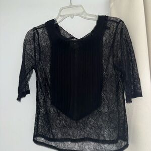 BCBGMaxAzria Black Lace Sheer Pleated Bib Blouse